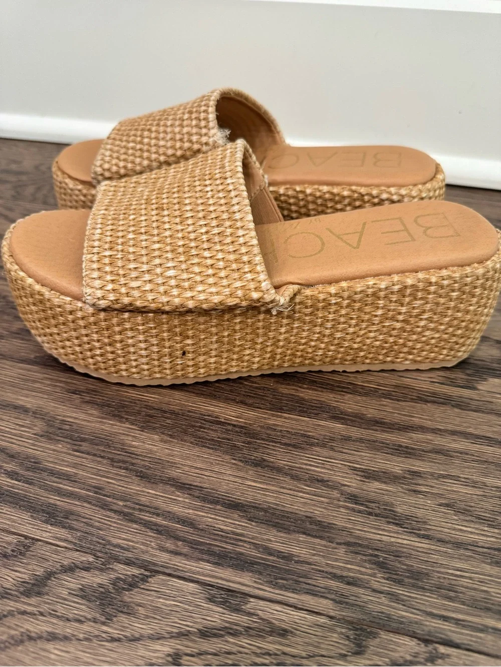 Natural Woven Platform Slide Sandals - Tan
